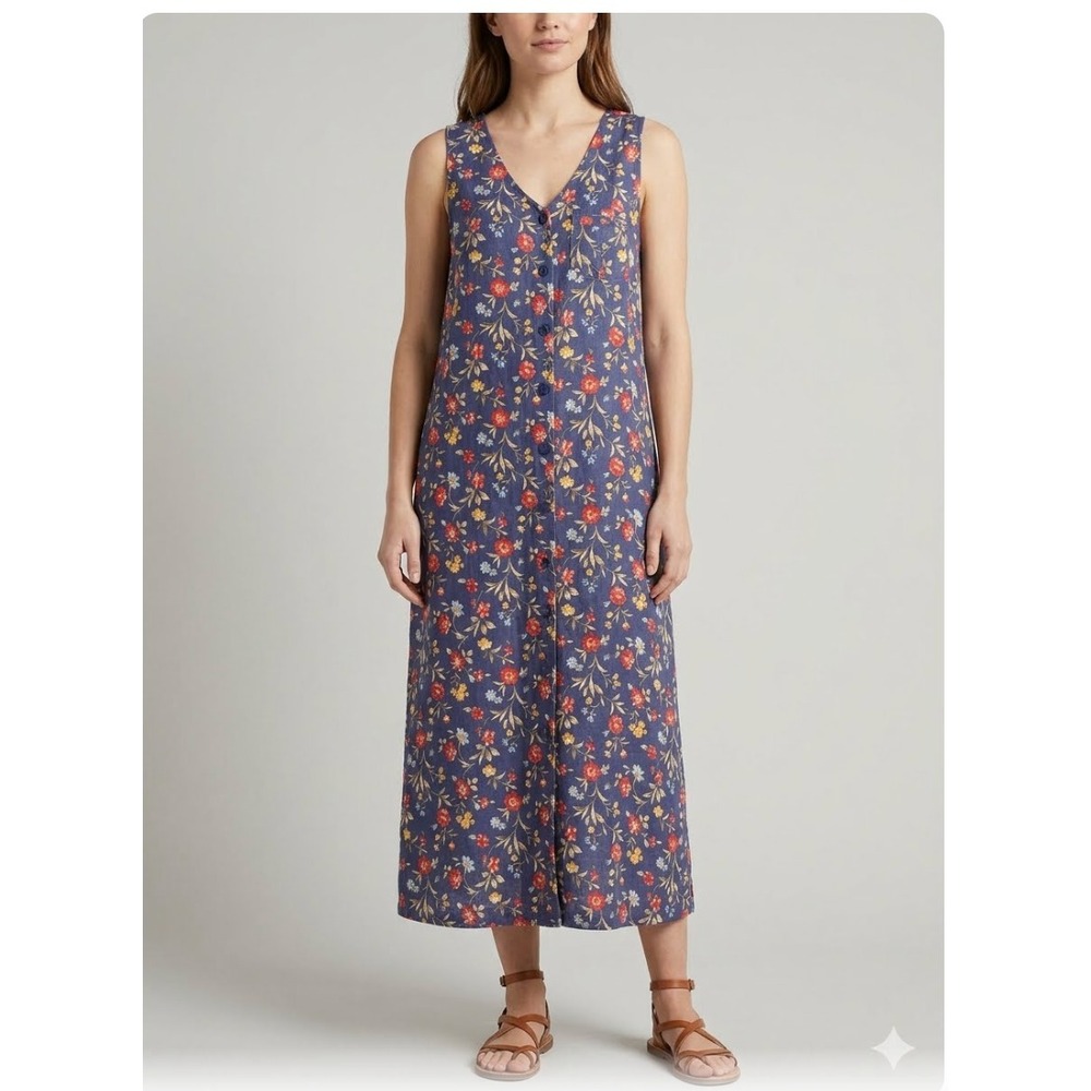 Match Linen Maxi Dress Womens Sz 12 Blue Floral Sleeveless Button Front USA Made